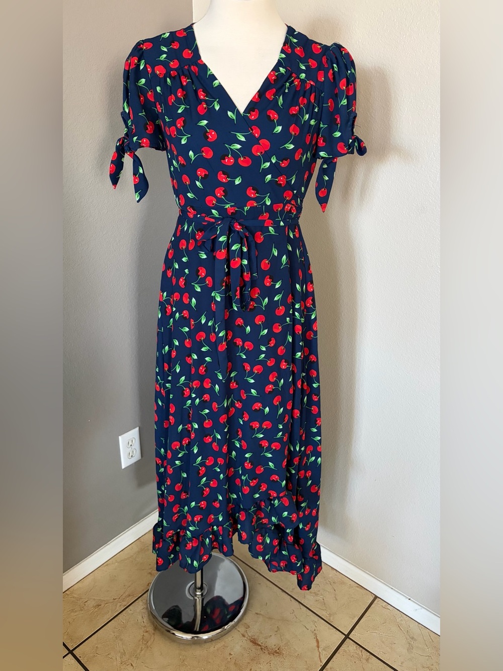 miami Navy Cherry-Print Tie-Waist Maxi Dress
